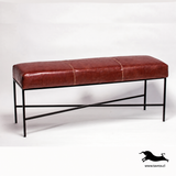 Banqueta Cuero Caoba, Estructura hierro X. Medidas 120 x 40 x 45 cms.