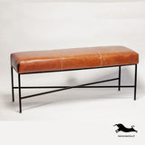 Banqueta Cuero Suela, Estructura hierro X. Medidas 120 x 40 x 45 cms.